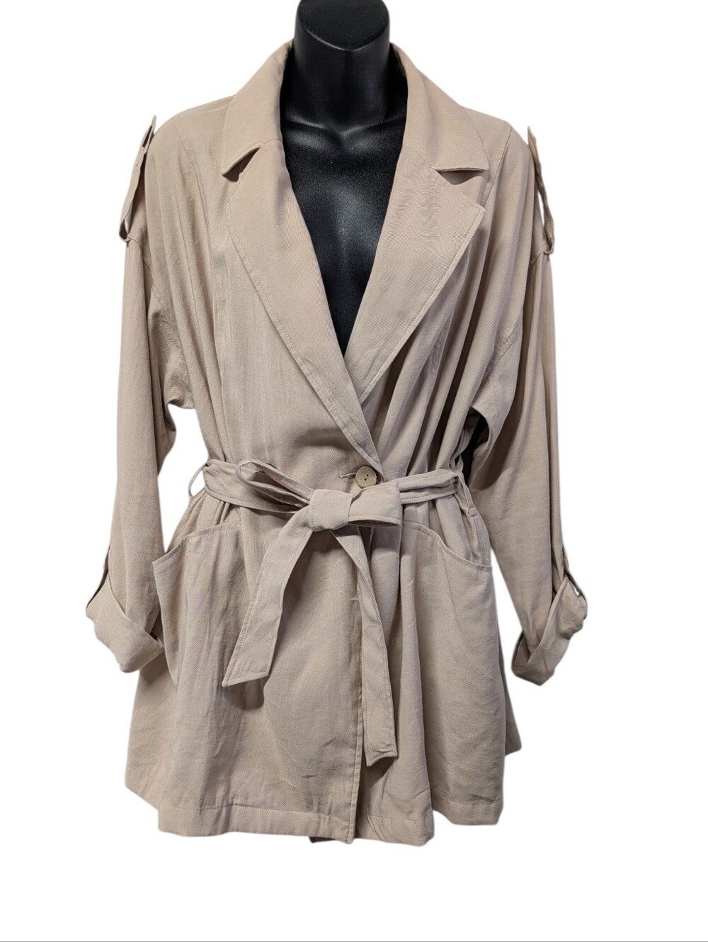 Divided H&M Women's Beige Belted Tie Trench Coat Jacket Size M Collared Pockets